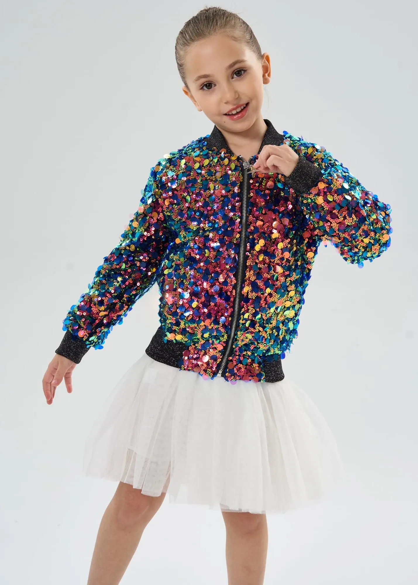 2Bunnies Girls' Fiesta Glow Ombre Sparkle Sequin Bomber Jacket