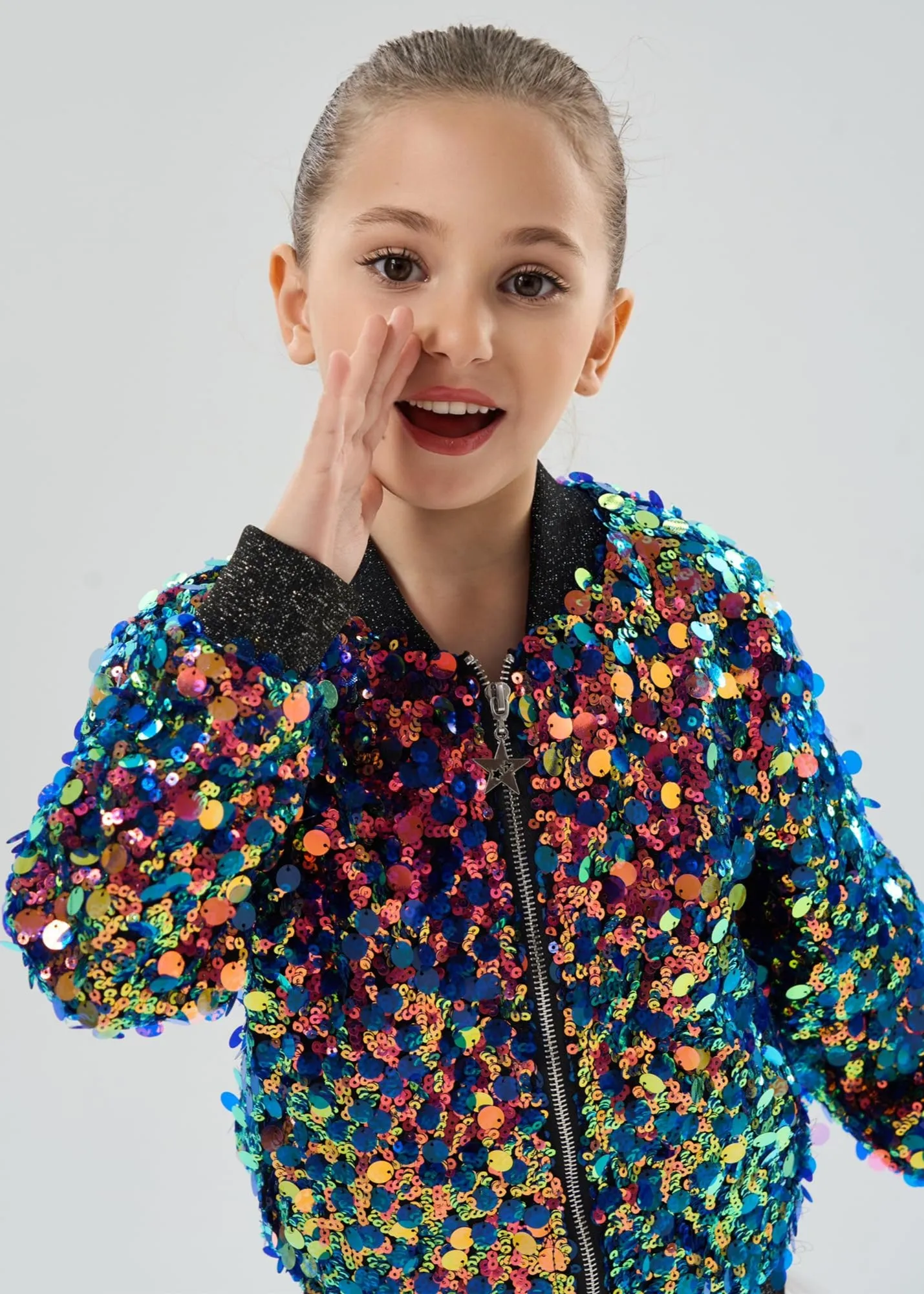 2Bunnies Girls' Fiesta Glow Ombre Sparkle Sequin Bomber Jacket