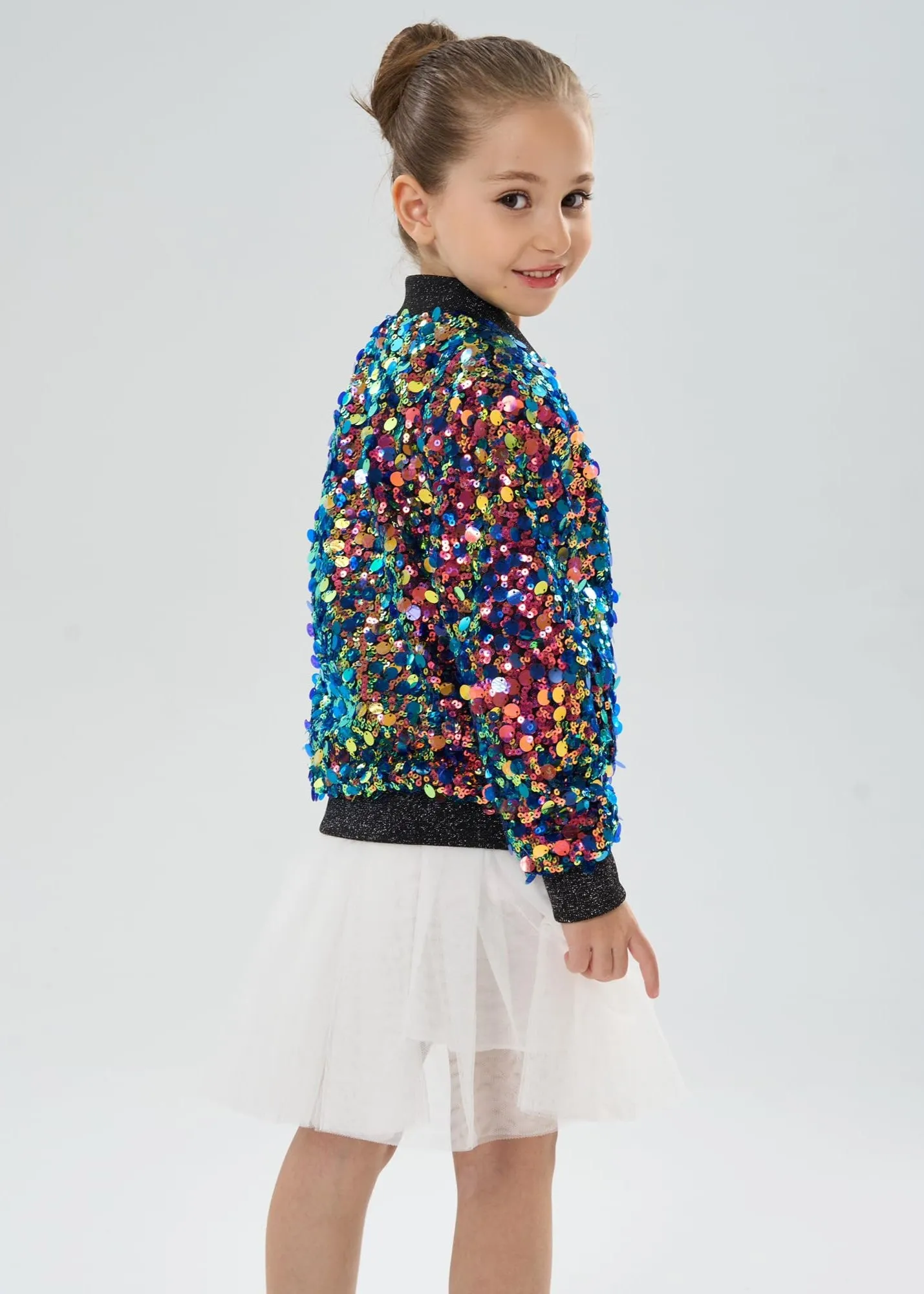2Bunnies Girls' Fiesta Glow Ombre Sparkle Sequin Bomber Jacket