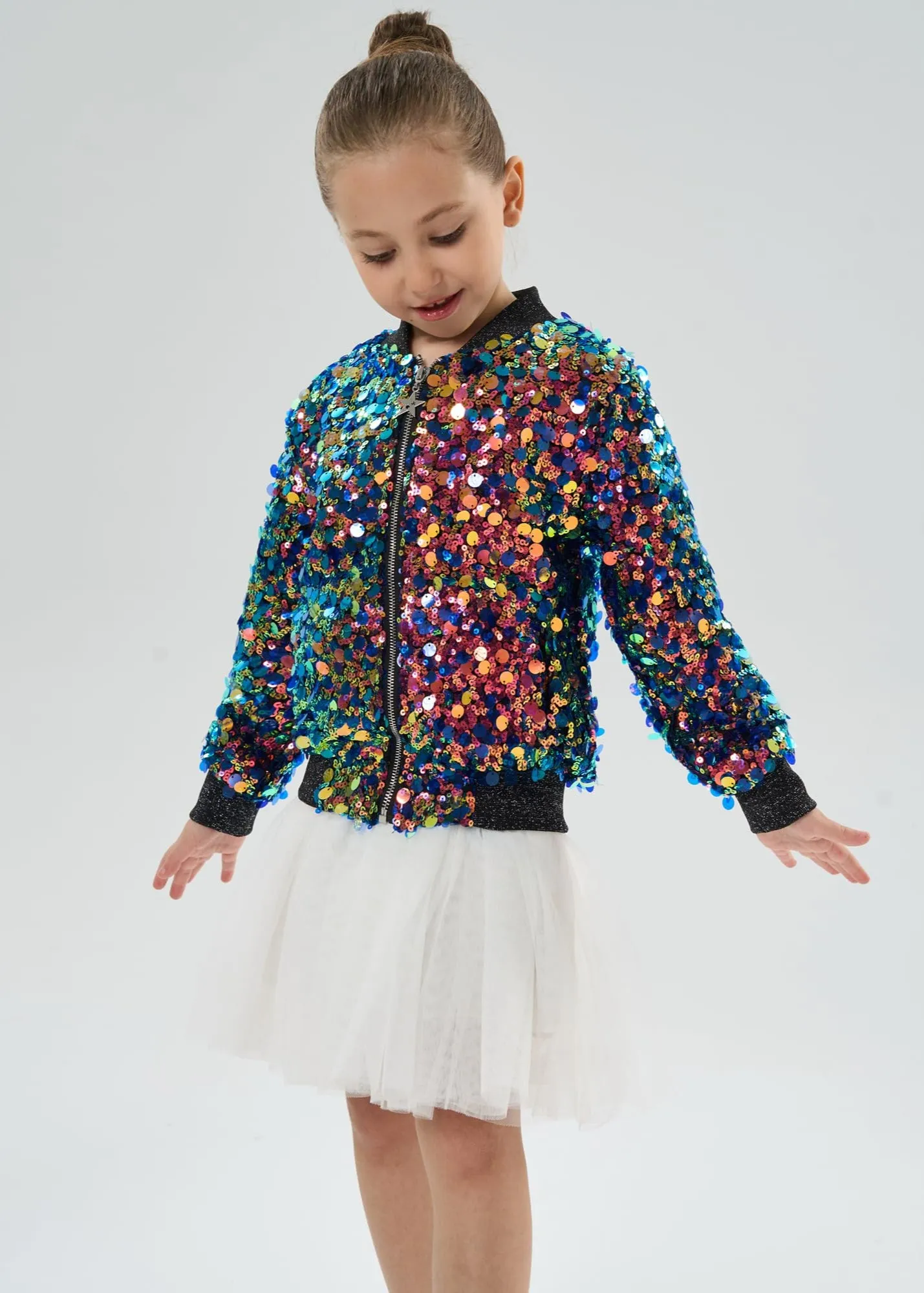 2Bunnies Girls' Fiesta Glow Ombre Sparkle Sequin Bomber Jacket