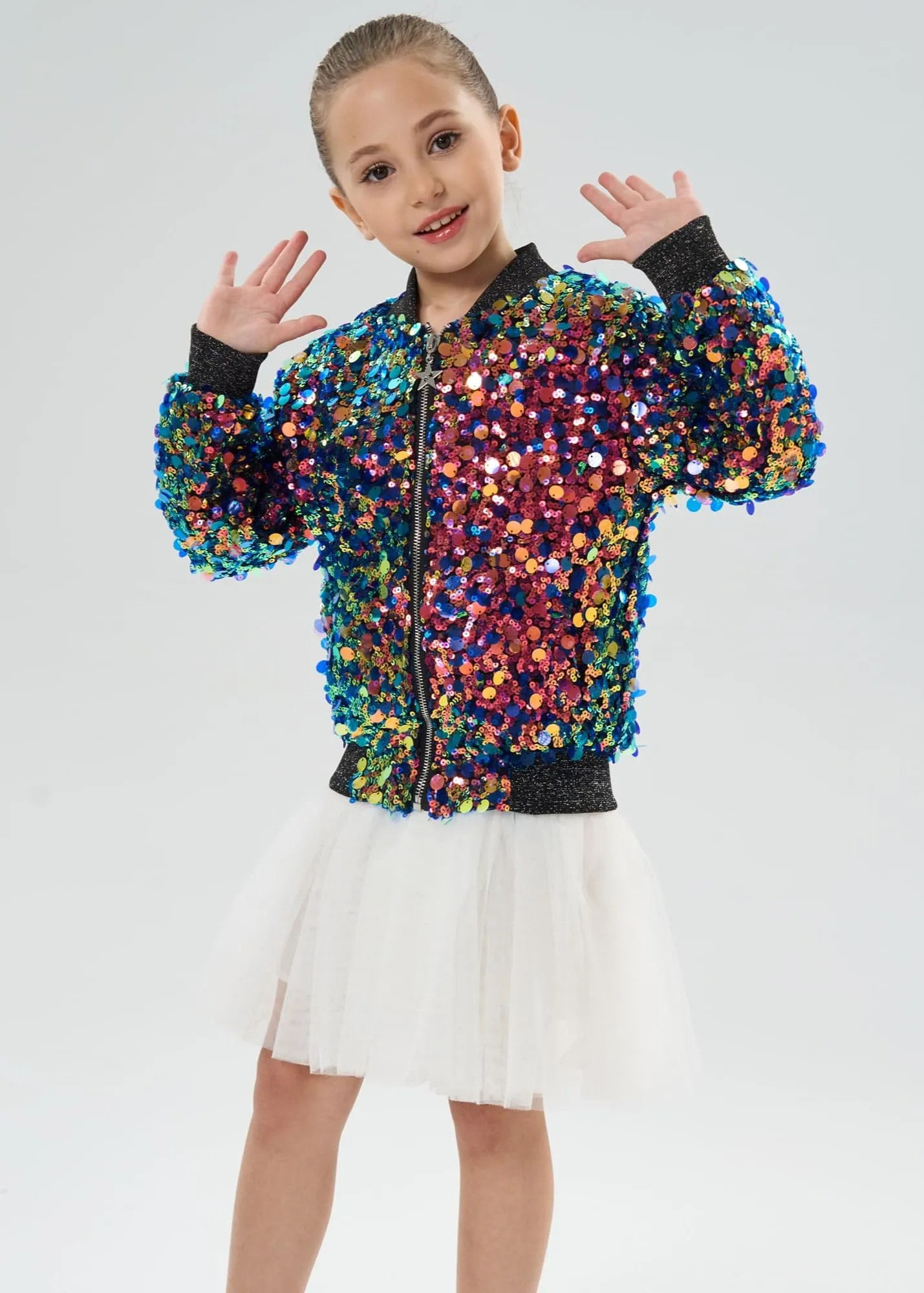 2Bunnies Girls' Fiesta Glow Ombre Sparkle Sequin Bomber Jacket
