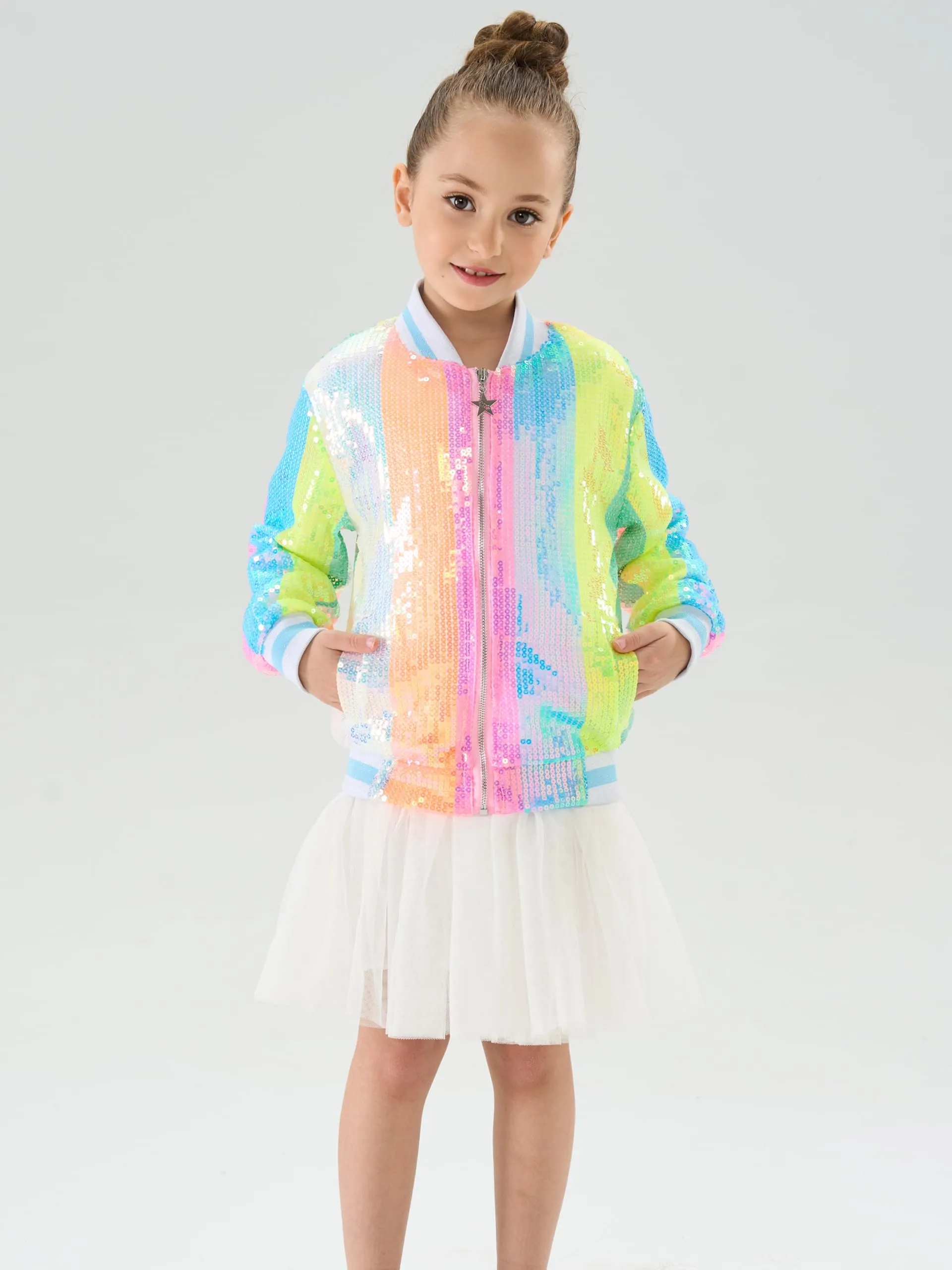2Bunnies Girls' Neon Stripe Sequin Bomber Jacket