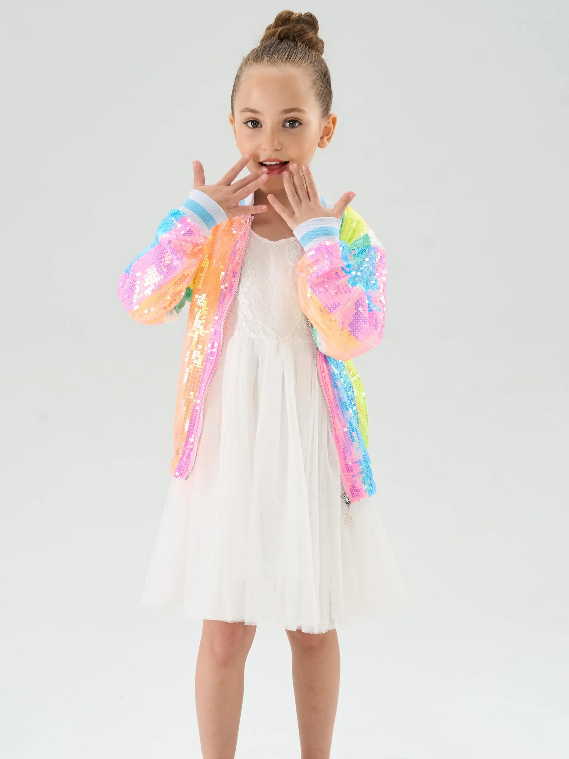 2Bunnies Girls' Neon Stripe Sequin Bomber Jacket
