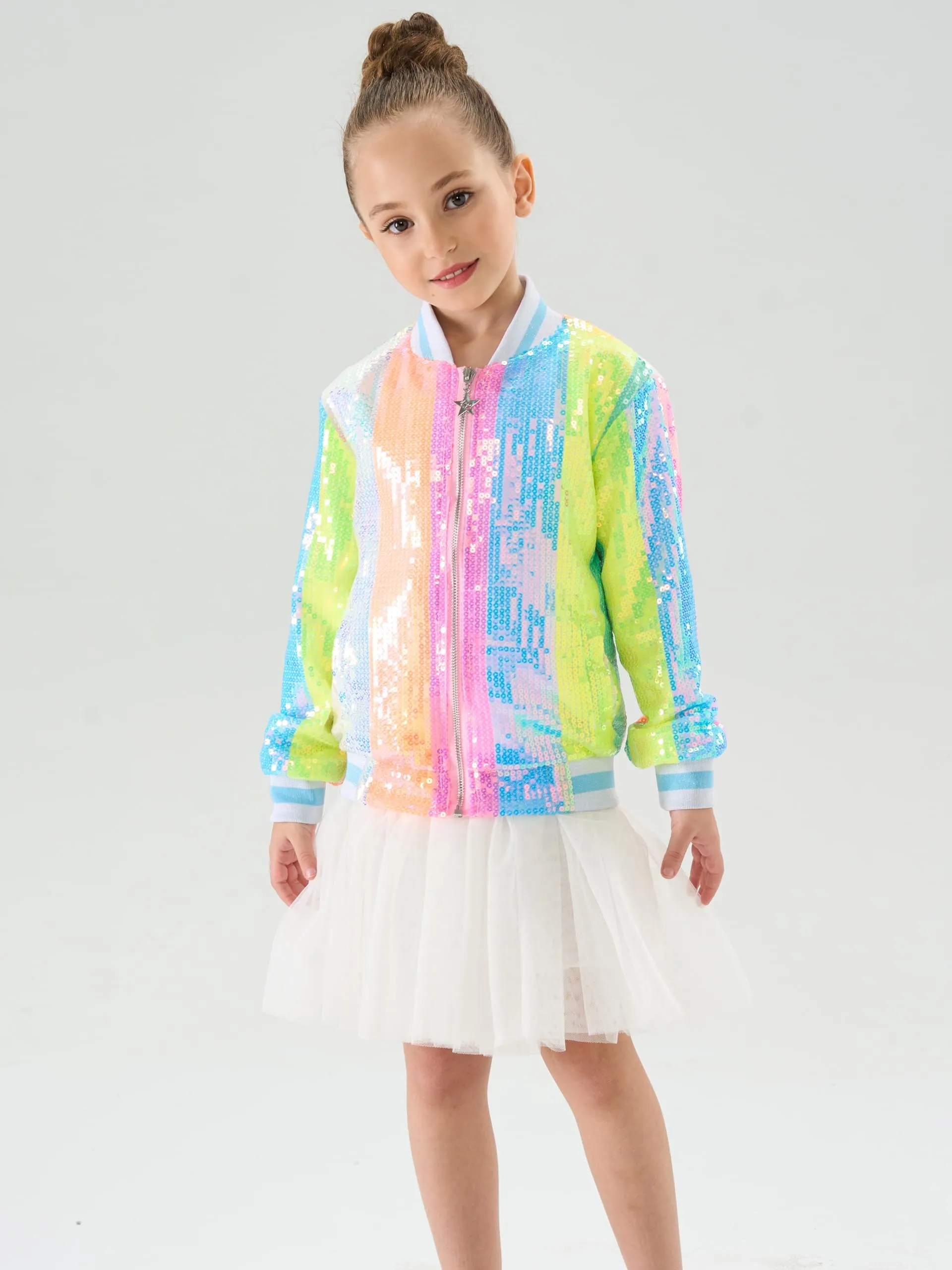 2Bunnies Girls' Neon Stripe Sequin Bomber Jacket