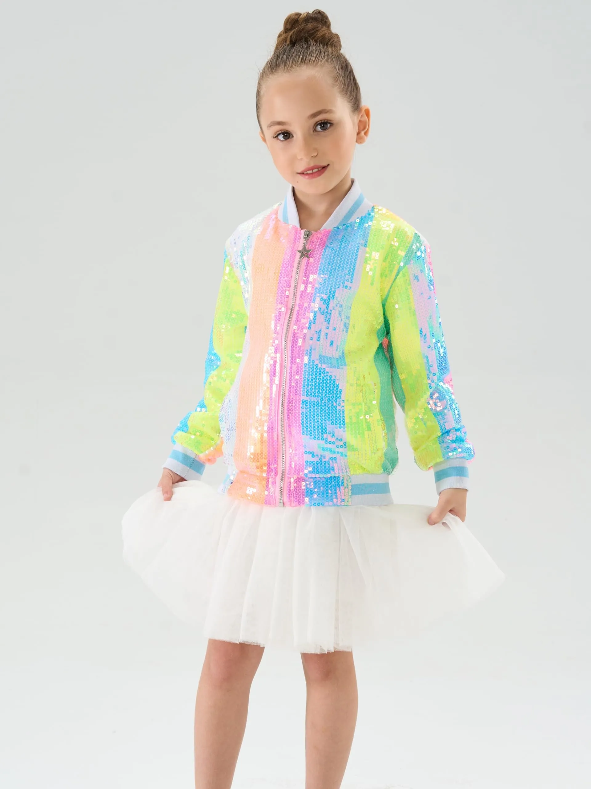 2Bunnies Girls' Neon Stripe Sequin Bomber Jacket