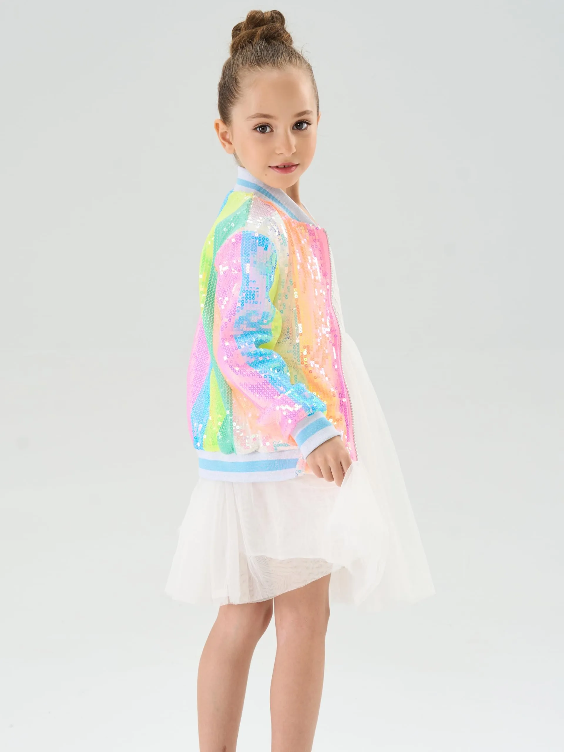 2Bunnies Girls' Neon Stripe Sequin Bomber Jacket