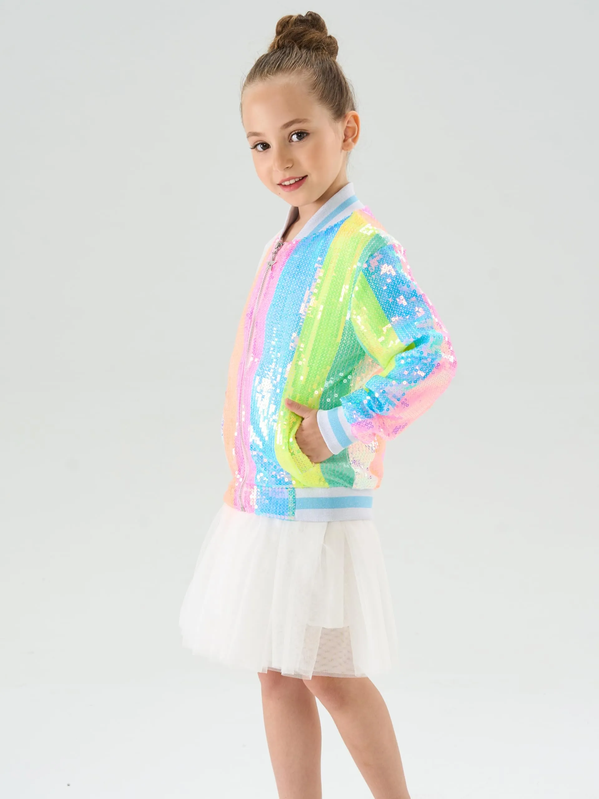 2Bunnies Girls' Neon Stripe Sequin Bomber Jacket