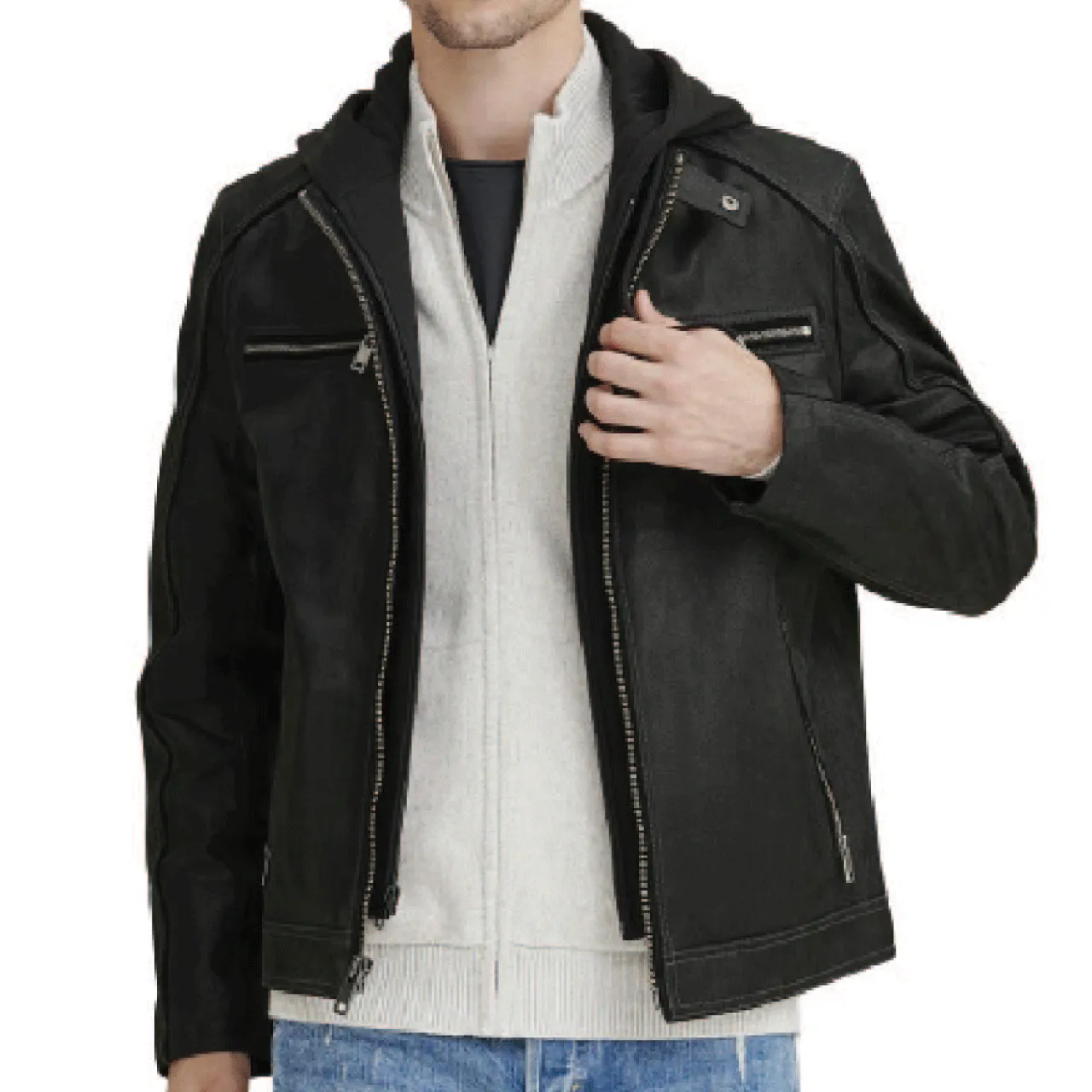 Black Bomber Hooded Genuine Lambskin Leather Jacket