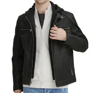 Black Bomber Hooded Genuine Lambskin Leather Jacket