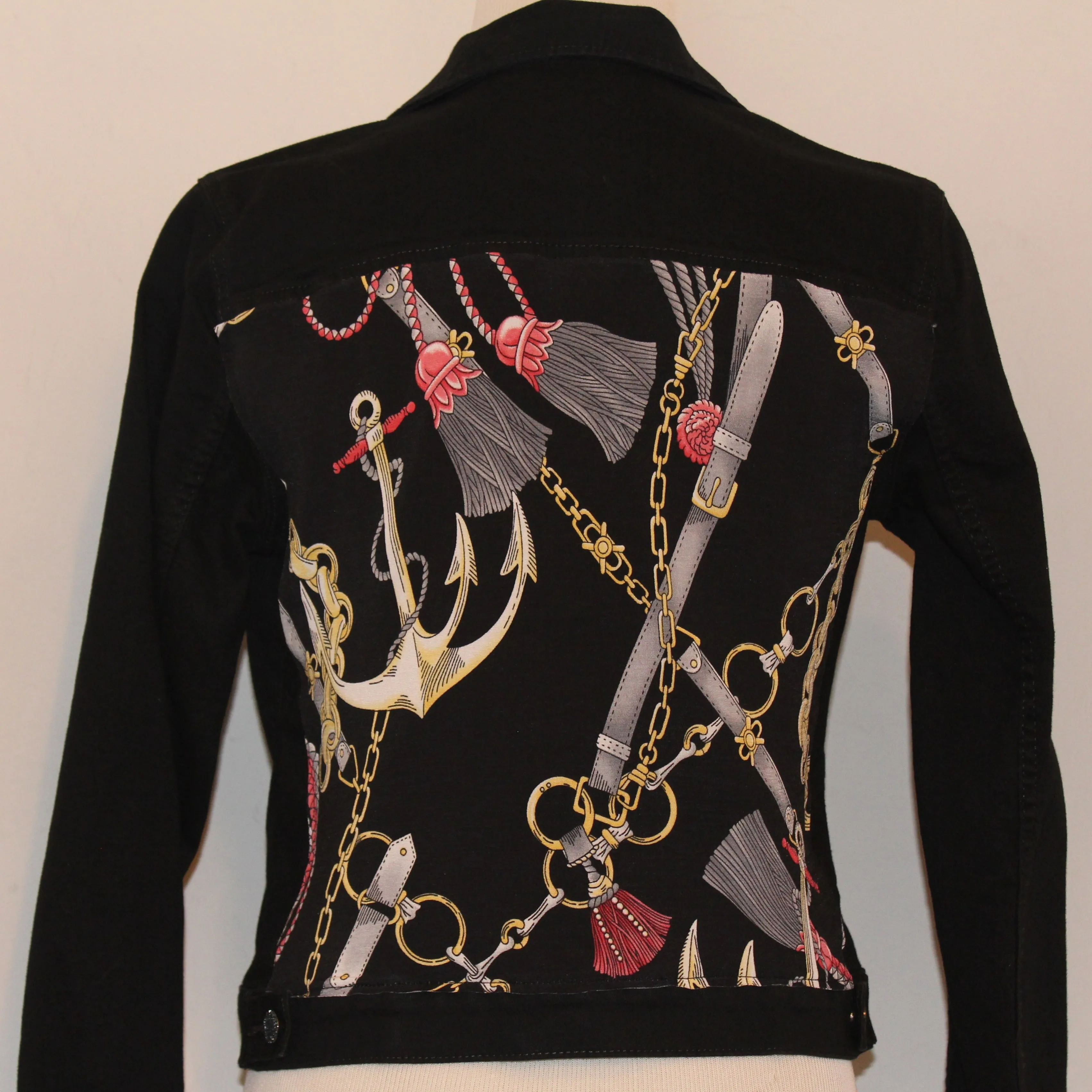 Black Denim Jacket with Tassel and Chain Scarf