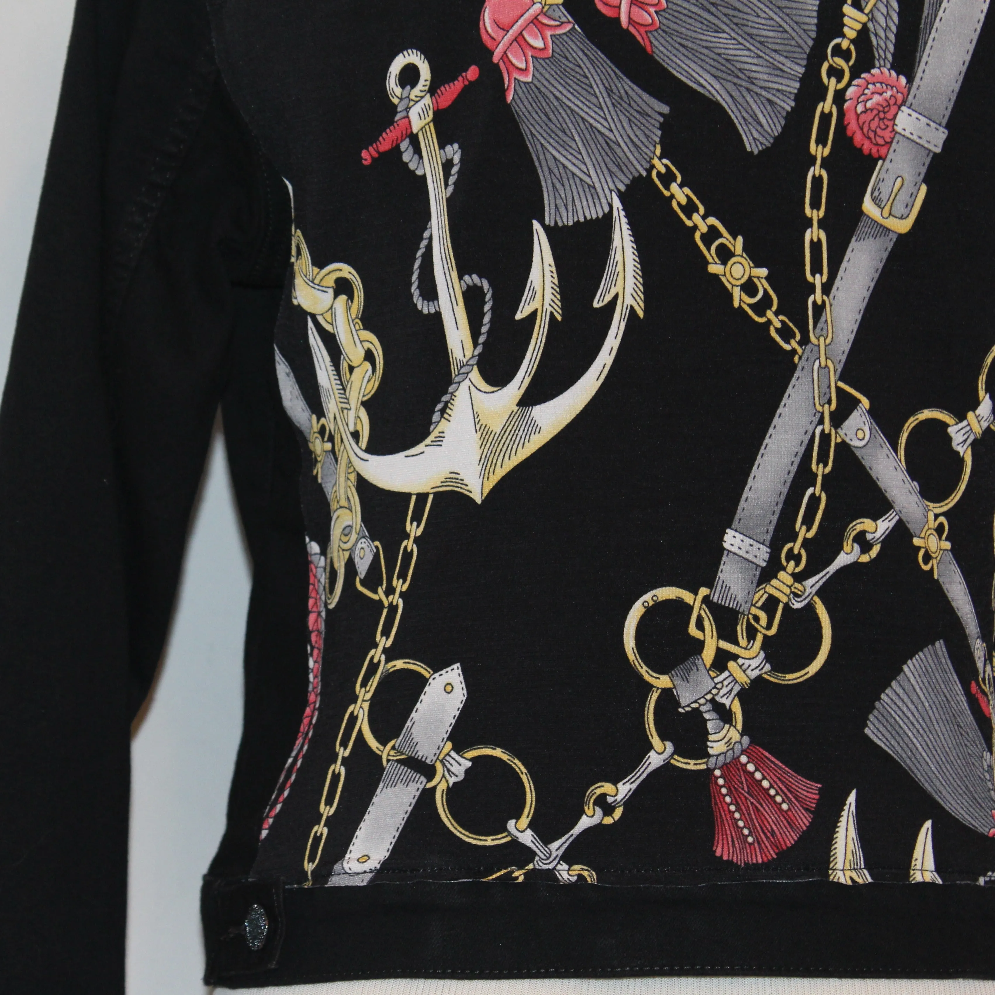 Black Denim Jacket with Tassel and Chain Scarf