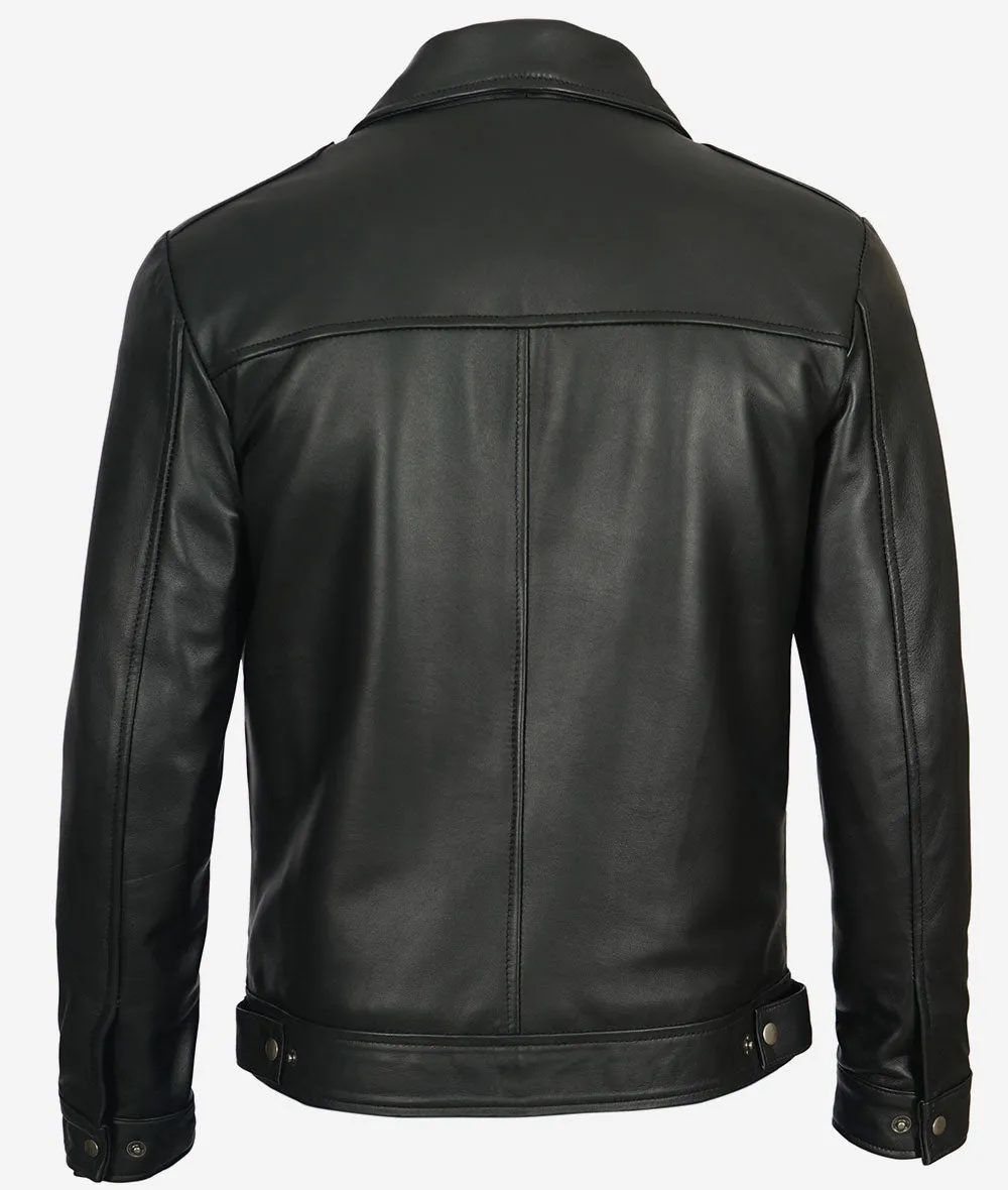 Black Snap Button Collar Cowhide Jacket Mens