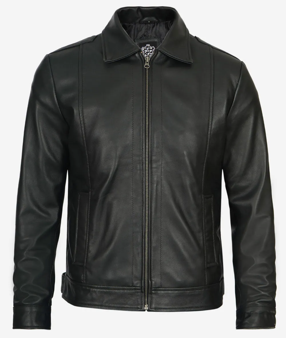 Black Snap Button Collar Cowhide Jacket Mens