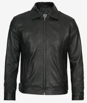 Black Snap Button Collar Cowhide Jacket Mens