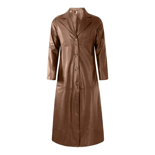 Brown Classic Trench Long Leather Motorcycle Coat