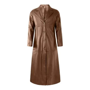 Brown Classic Trench Long Leather Motorcycle Coat