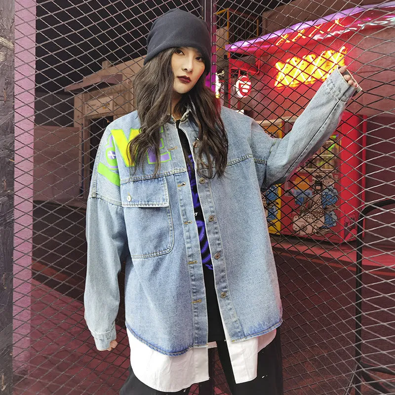 Comic Denim Jacket Fall Baggy Coat