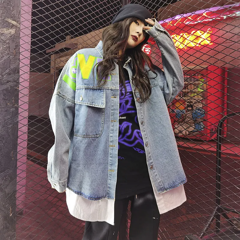 Comic Denim Jacket Fall Baggy Coat