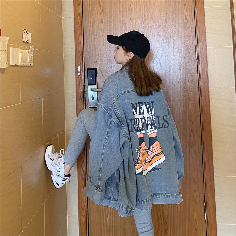 Comic Denim Jacket Women's Autumn and Winter Loose Vintage Jacket Top