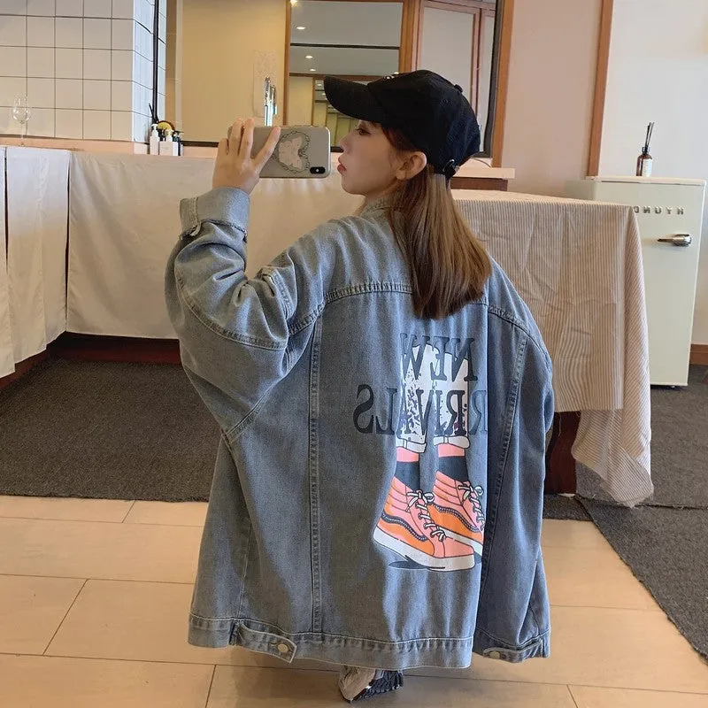 Comic Denim Jacket Women's Autumn and Winter Loose Vintage Jacket Top