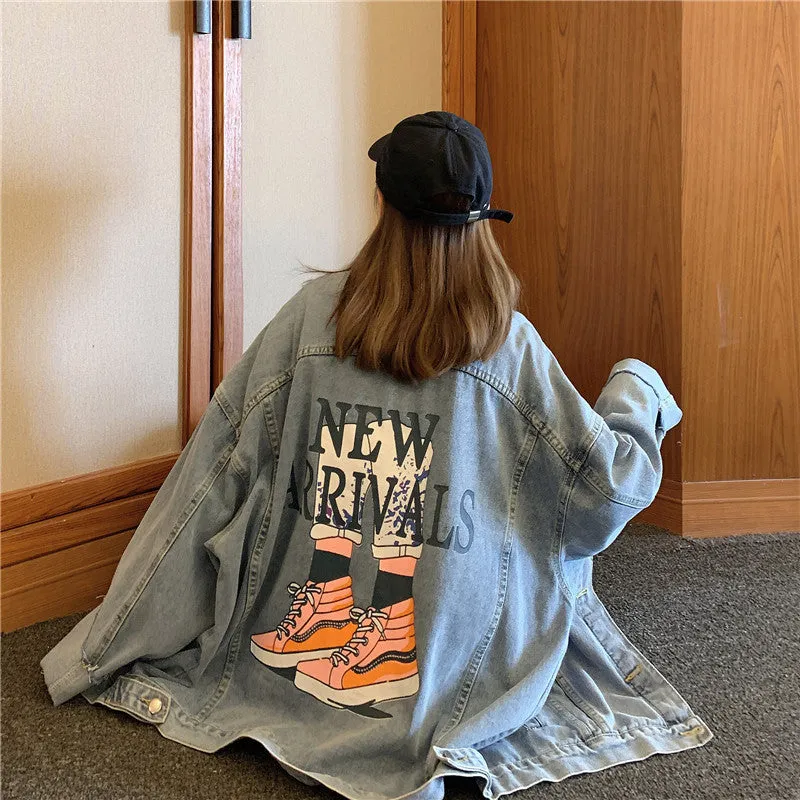 Comic Denim Jacket Women's Autumn and Winter Loose Vintage Jacket Top
