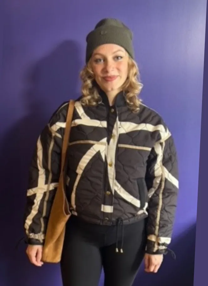 Coster quilted bomber jacket in black brown stripe with brass detail print