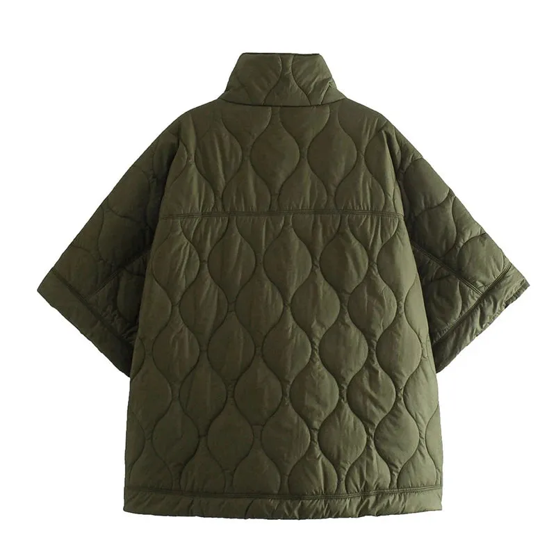 Cozy Argyle Batwing Sleeve Winter Cape Coat with Zipper - Thick Cotton-Padded Women's Shawl for Ultimate Warmth