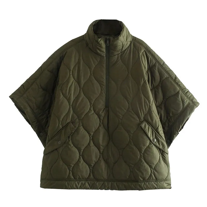 Cozy Argyle Batwing Sleeve Winter Cape Coat with Zipper - Thick Cotton-Padded Women's Shawl for Ultimate Warmth