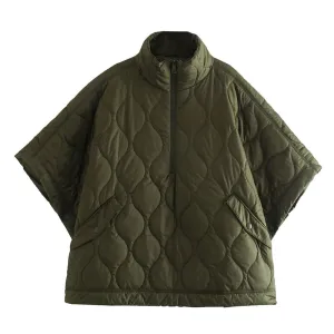 Cozy Argyle Batwing Sleeve Winter Cape Coat with Zipper - Thick Cotton-Padded Women's Shawl for Ultimate Warmth