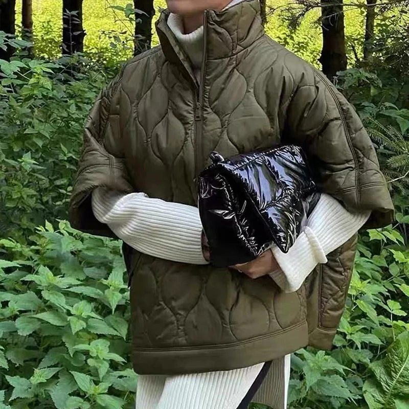 Cozy Argyle Batwing Sleeve Winter Cape Coat with Zipper - Thick Cotton-Padded Women's Shawl for Ultimate Warmth