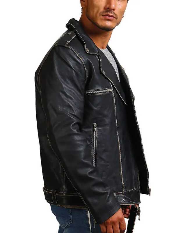 Distressed Black  Motorcycle Leather Jacket