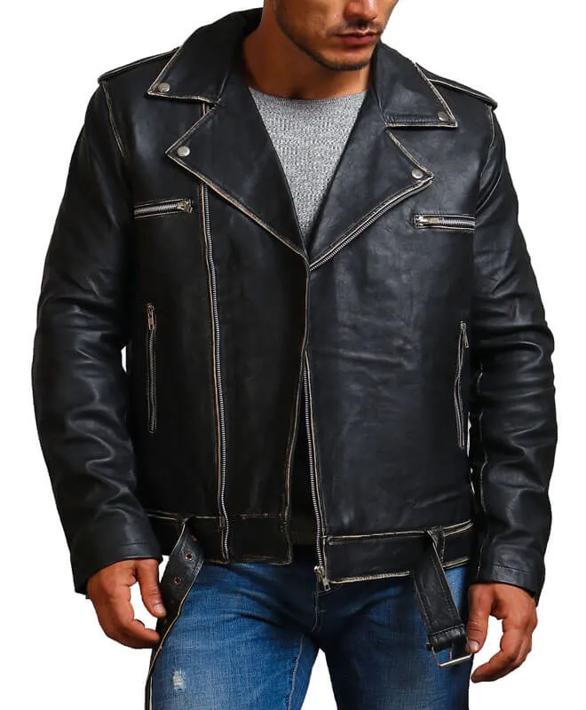 Distressed Black  Motorcycle Leather Jacket