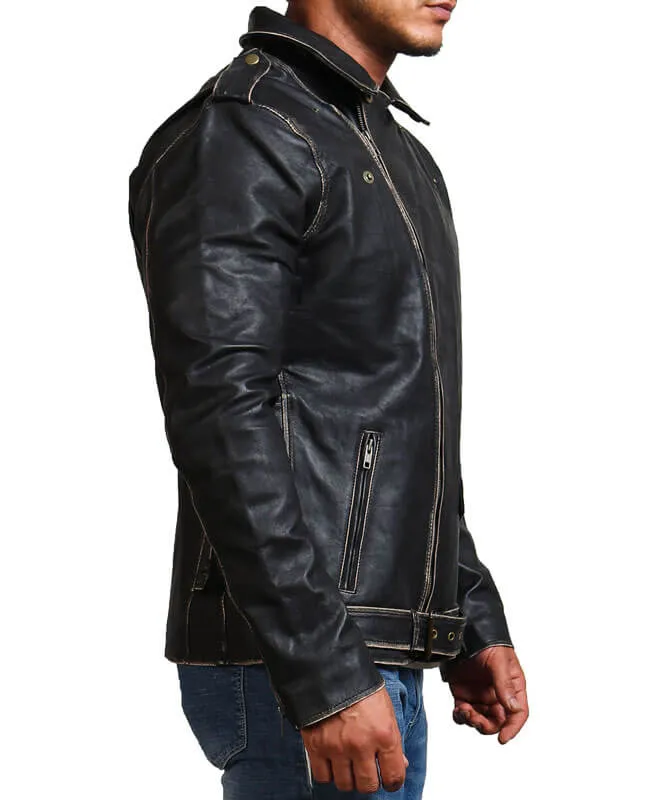 Distressed Black  Motorcycle Leather Jacket