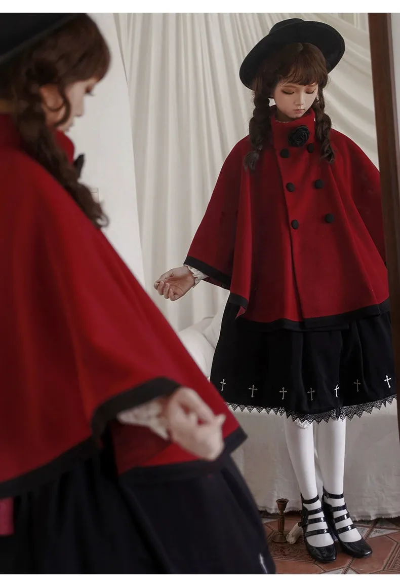 Elegant Lolita Winter Coat Black and White Camellia Cape