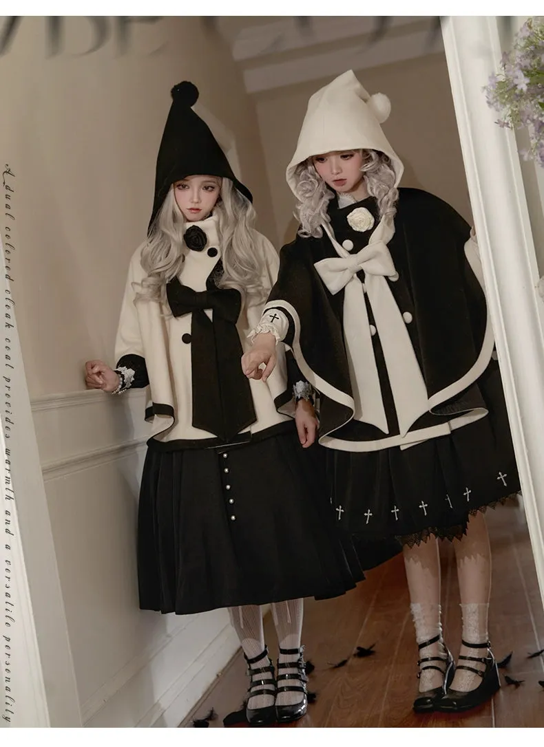 Elegant Lolita Winter Coat Black and White Camellia Cape