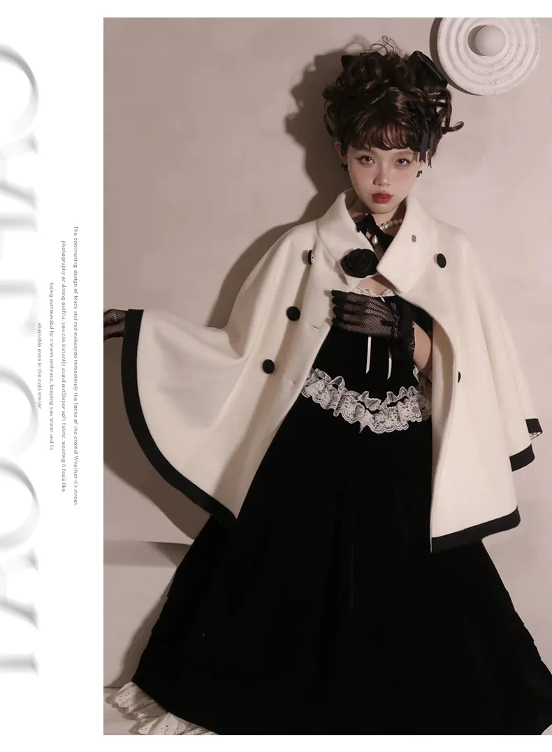 Elegant Lolita Winter Coat Black and White Camellia Cape