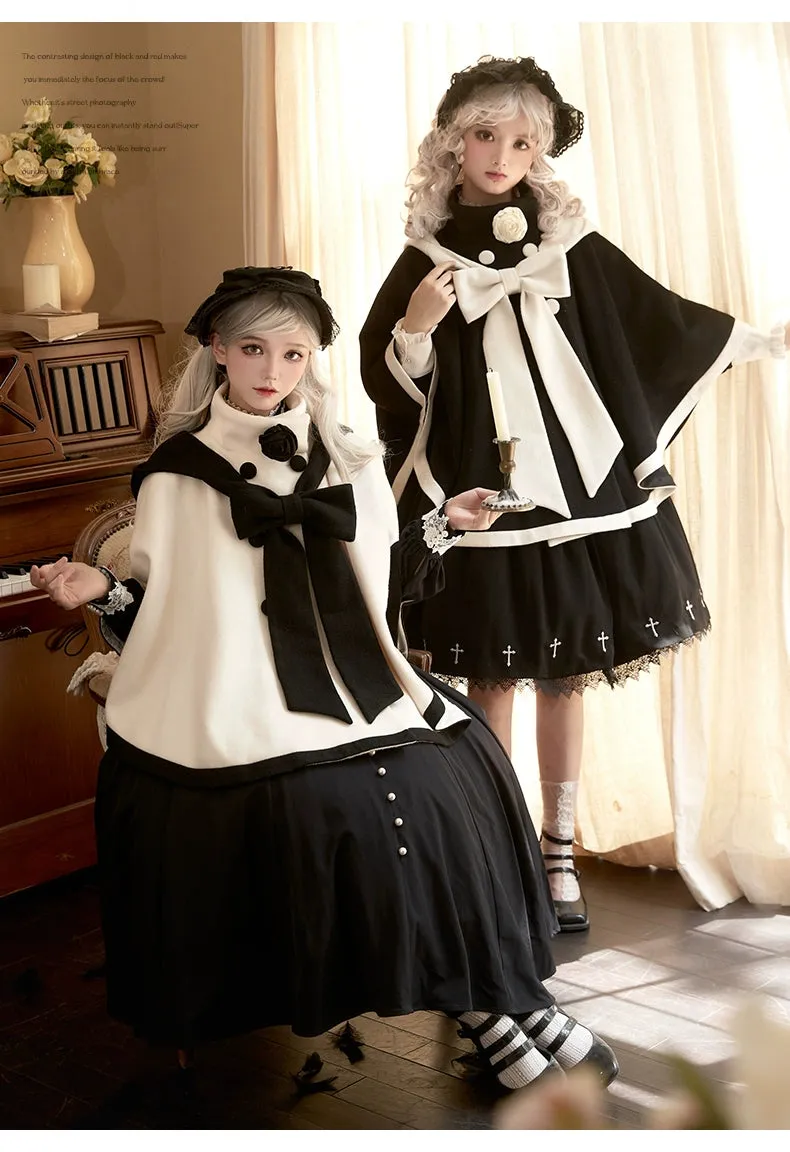 Elegant Lolita Winter Coat Black and White Camellia Cape