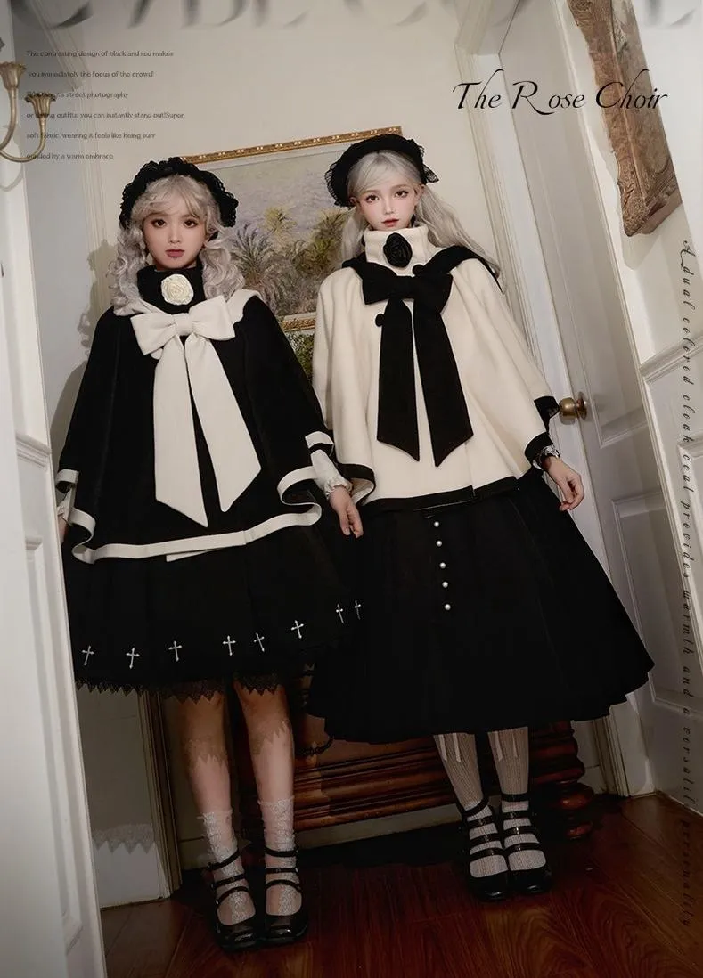 Elegant Lolita Winter Coat Black and White Camellia Cape