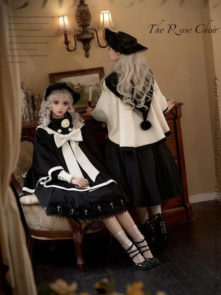 Elegant Lolita Winter Coat Black and White Camellia Cape