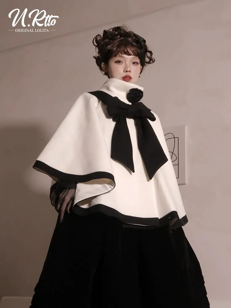 Elegant Lolita Winter Coat Black and White Camellia Cape