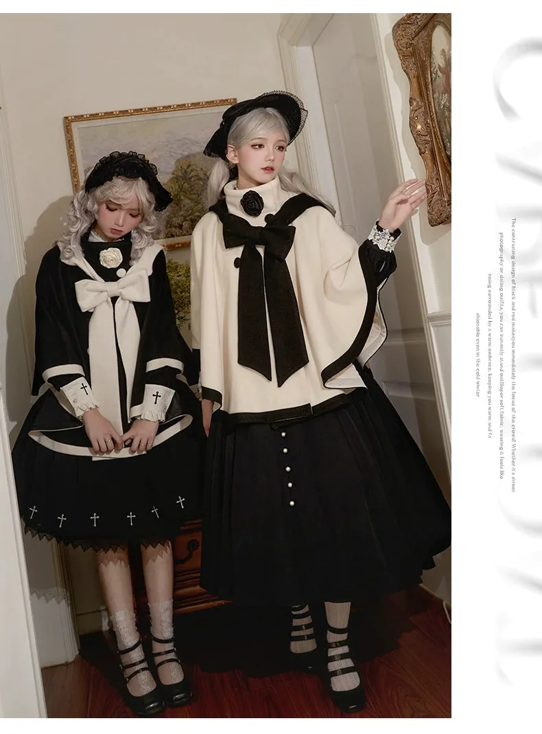 Elegant Lolita Winter Coat Black and White Camellia Cape