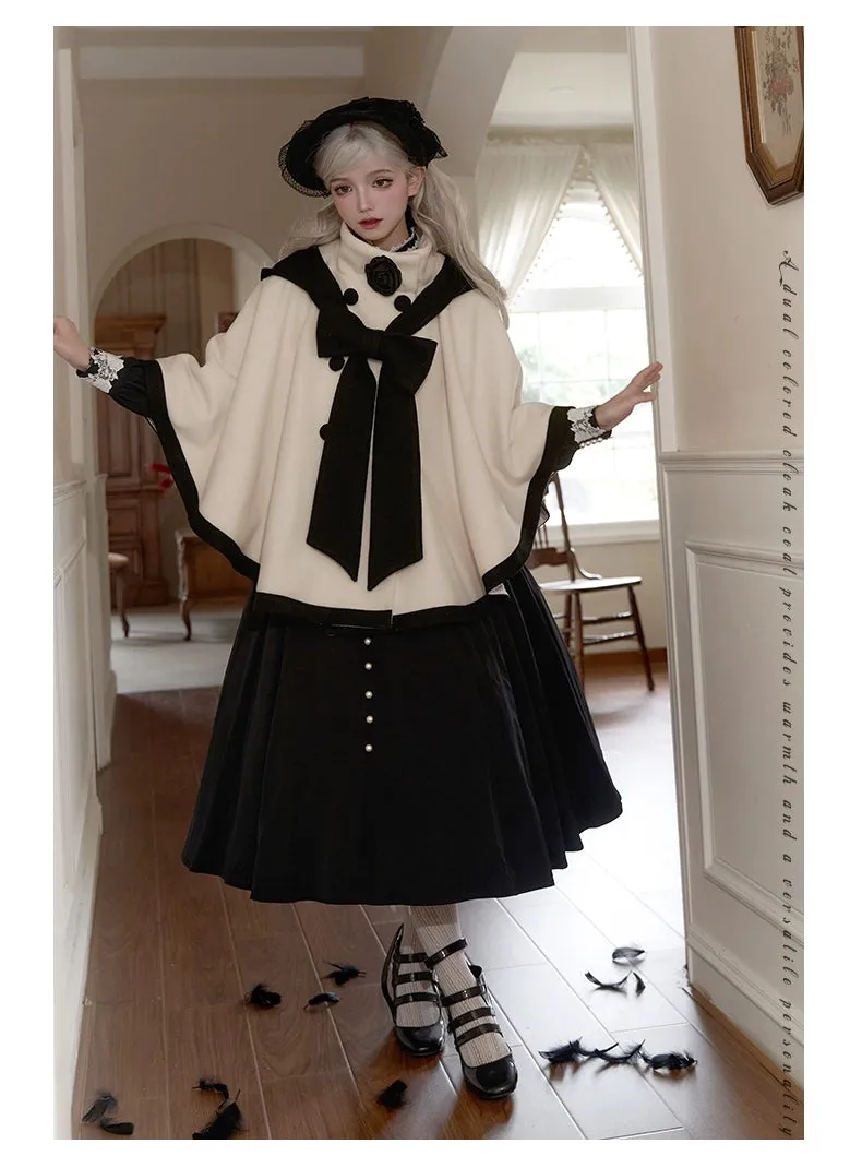 Elegant Lolita Winter Coat Black and White Camellia Cape