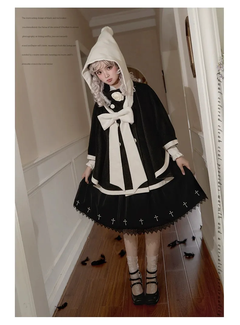 Elegant Lolita Winter Coat Black and White Camellia Cape