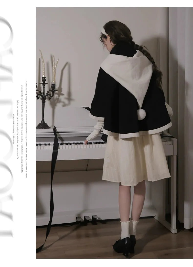Elegant Lolita Winter Coat Black and White Camellia Cape