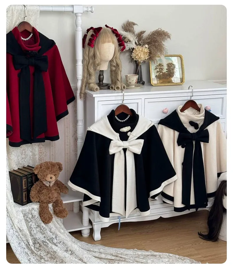 Elegant Lolita Winter Coat Black and White Camellia Cape
