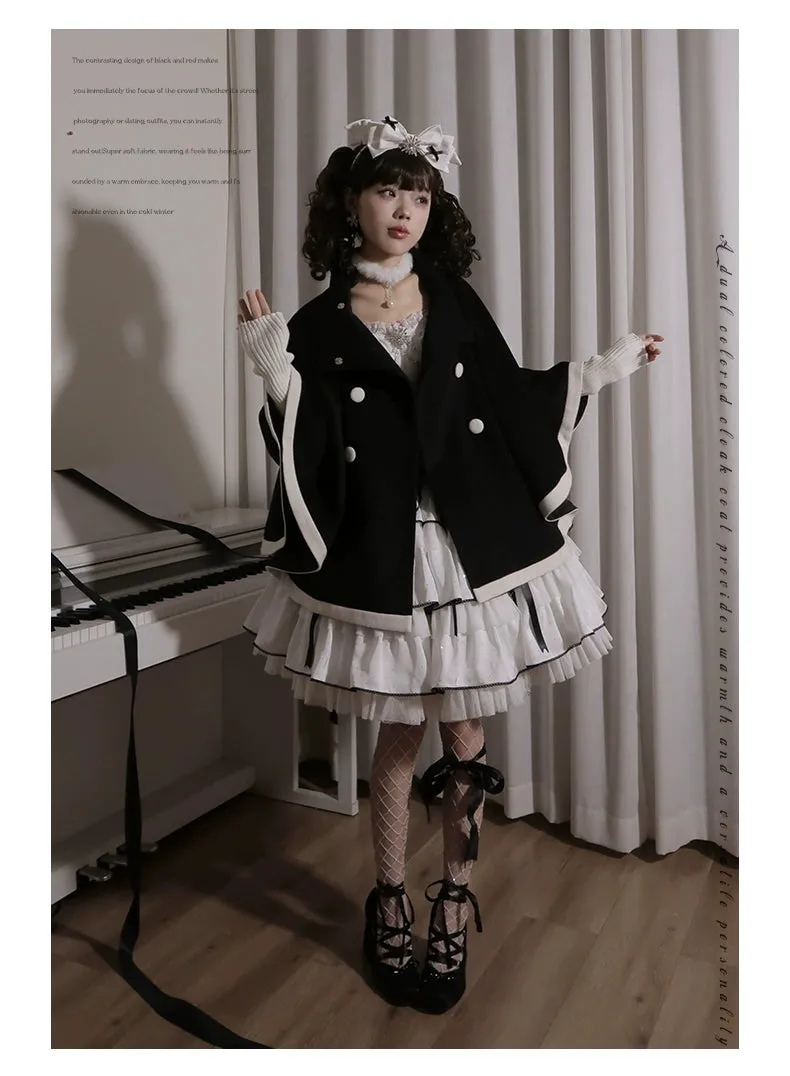 Elegant Lolita Winter Coat Black and White Camellia Cape