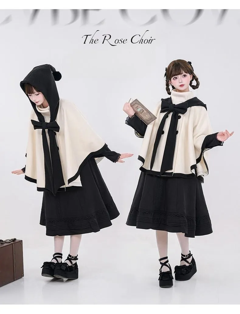 Elegant Lolita Winter Coat Black and White Camellia Cape
