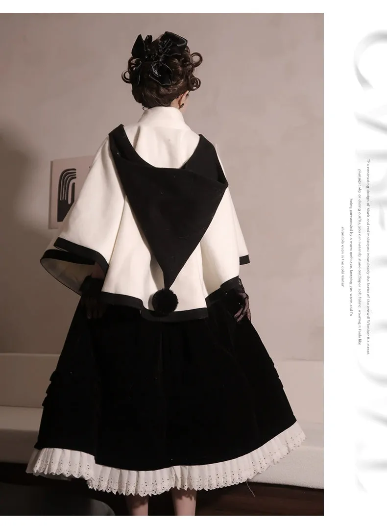 Elegant Lolita Winter Coat Black and White Camellia Cape