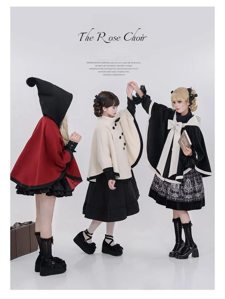 Elegant Lolita Winter Coat Black and White Camellia Cape
