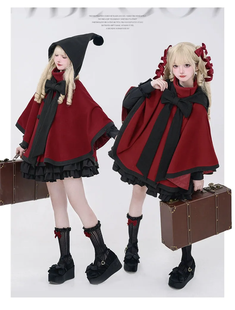 Elegant Lolita Winter Coat Black and White Camellia Cape